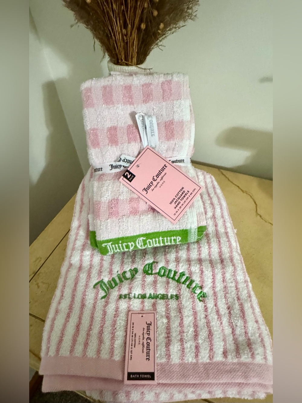 Juicy Couture Pink & Green Striped Towel Set NEW - Picture 6 of 8